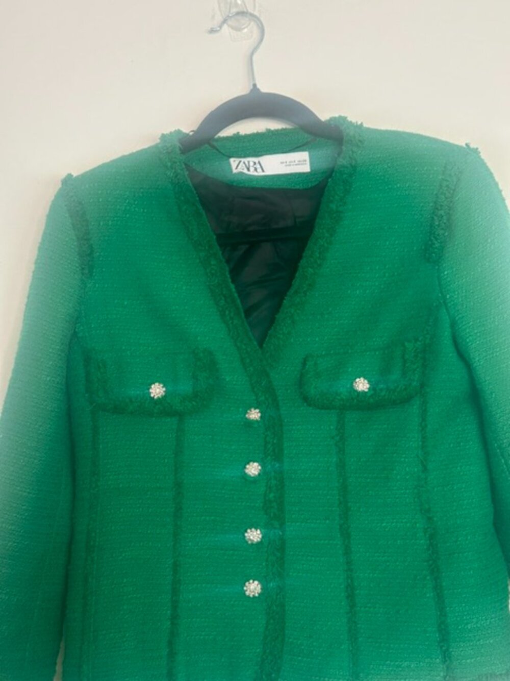 Zara Lush Green Tweed Jeweled Rhinestone Buttons Raw Fringe Trim Lined Jacket - Picture 6 of 16